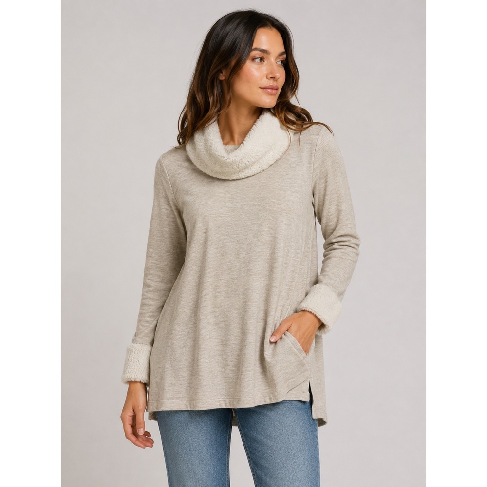 Womens 14W Beige Fuzzy Trim Cowl Neck Long Sleeve‎ Tunic Top |L1